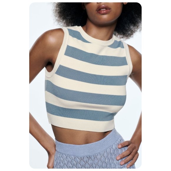 Zara | Tops | Zara Blue White Stripe Sleeveless Crop Knit Tank Top Sz M |  Poshmark